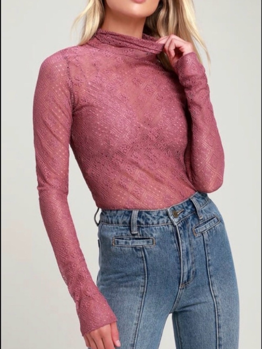 Free People Fairy Festival Y2K Lace Knit Long Sleeve Mock Neck Top - Dusty Rose